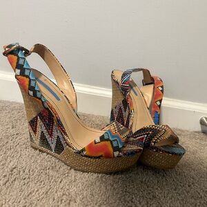 BCBGeneration Red and Blue Heels with Colorful T-Strap Design